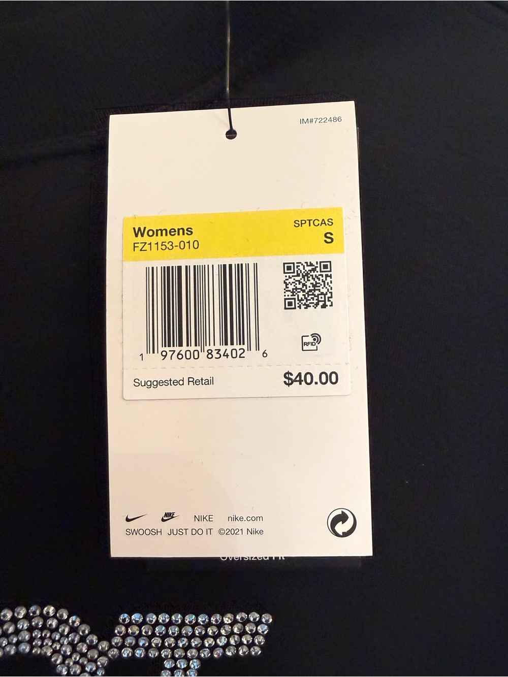 Nike Sportswear Black Glam Rhinestone "Just Do It" Script Small-Oversized Cotton - Picture 12 of 15